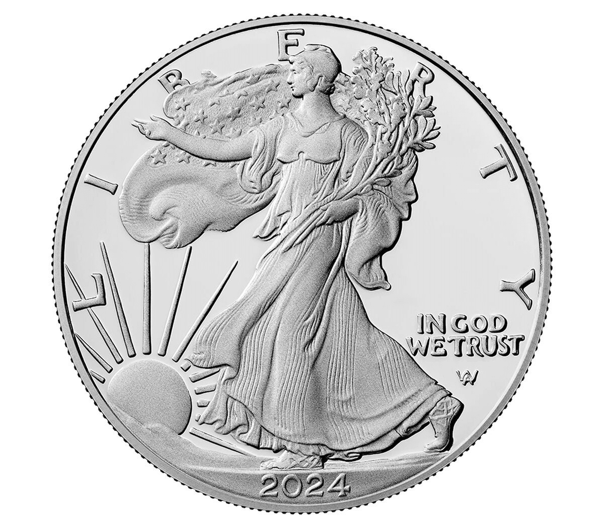 2024 American Eagle Silver Coin – 1 oz BU | Brilliant Uncirculated Bullion showcasing Liberty design and flawless finish.